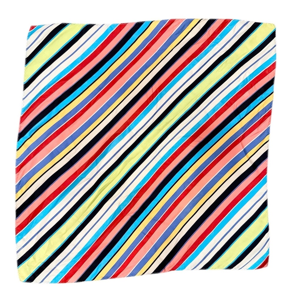 Multicolor Diagonal Stripe Square Neck Silk Scarf Blue‎ Red Yellow Silky Bandana - Picture 3 of 6